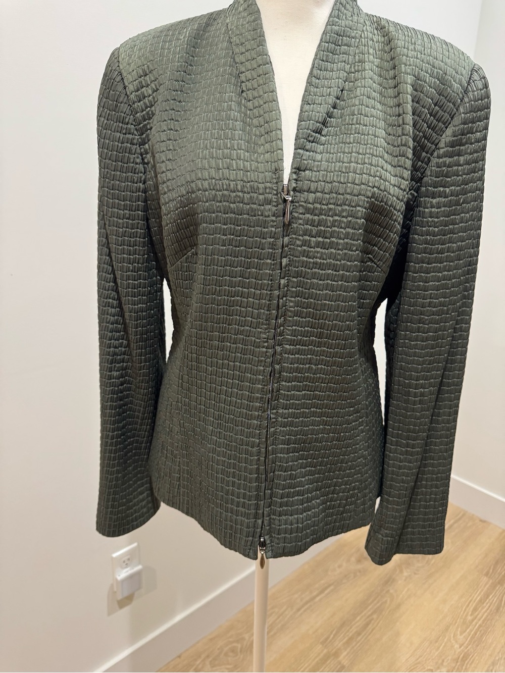 Zanella OliveGreen quilted accent texture Zip-Front Blazer size12 made in Italy